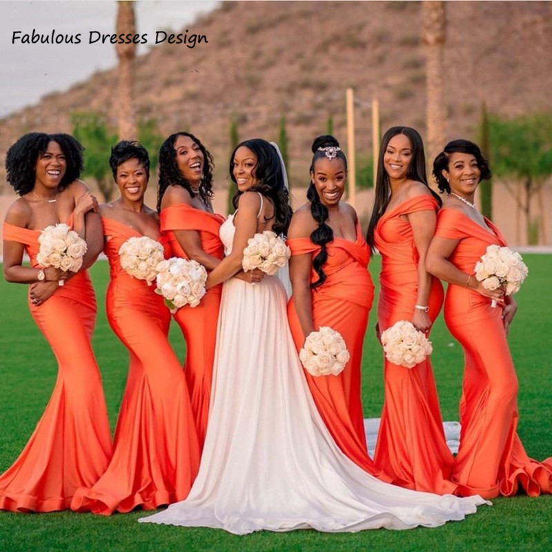 2022 오프 어깨 인어 신부 들러리 드레스 아프리카 여성 긴 오렌지 웨딩 파티 드레스 저렴한 사용자 정의 메이드 명예